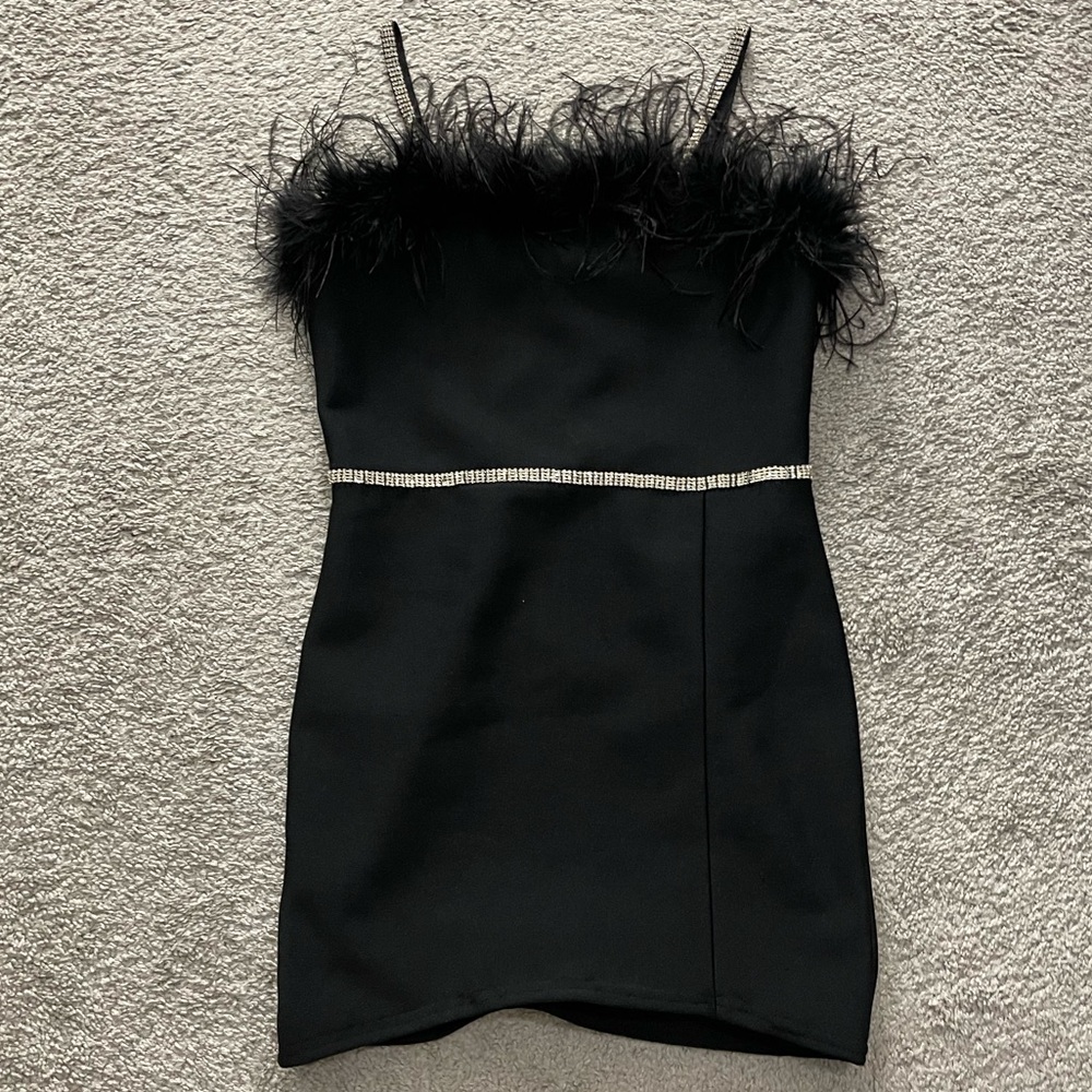 Fashion Nova Black Bandage Dress with fur & rhinestone embellishment